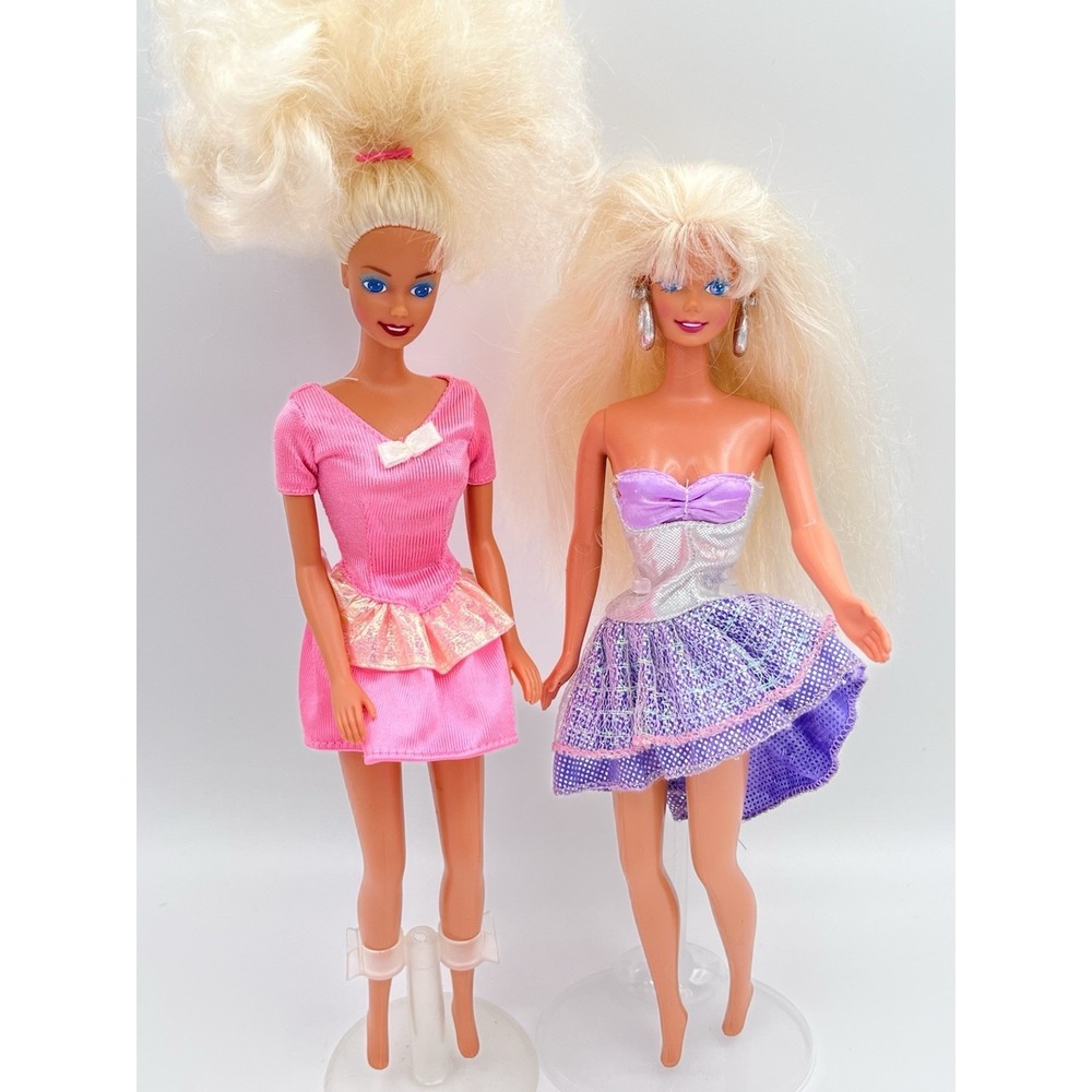 Vintage 1990s Barbie Dolls Blonde Mattel Pink Purple Dresses Lot of 2